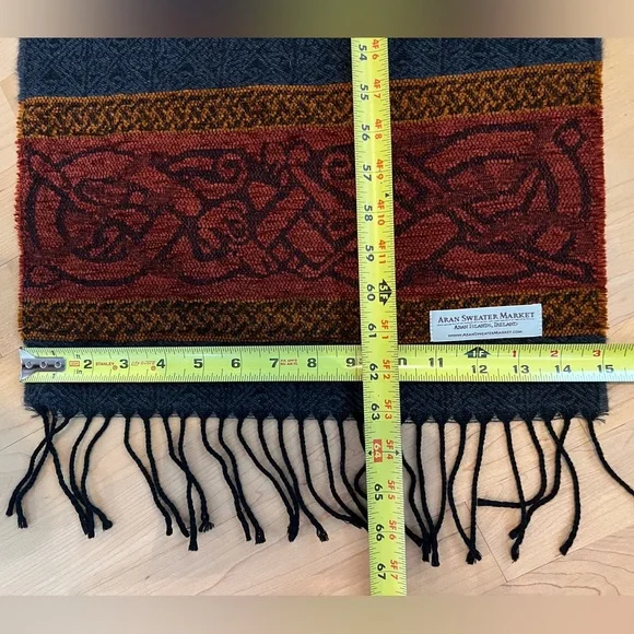 🐑 🇮🇪Unisex Charcoal/Red/Orange Woven Scarf Wool Blend Fringed Scarf 15”W x 63”L - Picture 8 of 17